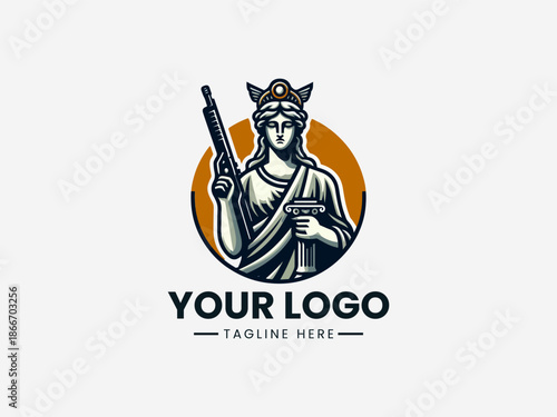 Themis justice figure holding a gun symbolizing law enforcement authority and firm legal protection in black vector logo illustration