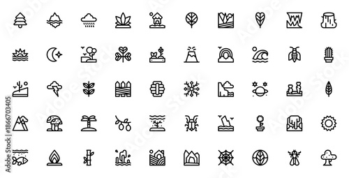 Nature icon set. Vector illustration pack featuring Pine tree, Mountain, Sun, Rainbow, Flower, Waterfall, Fish, Cactus, Snowflake, Beehive and more natural elements.