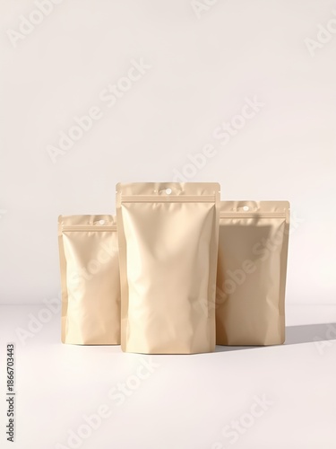 Group of three gold kraft stand up pouches