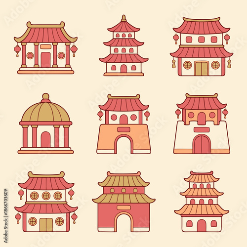 Set of traditional Chinese buildings and pagodas in a flat cartoon style.