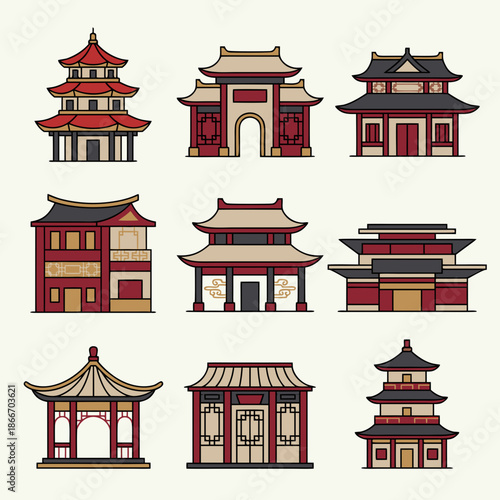 Set of traditional Chinese buildings and temples, featuring classic architectural styles and cultural elements, perfect for design projects.
