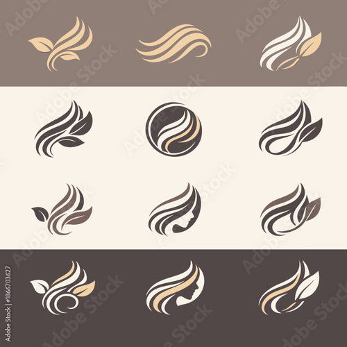 Set of elegant hair and leaf logos for beauty and wellness brands.
