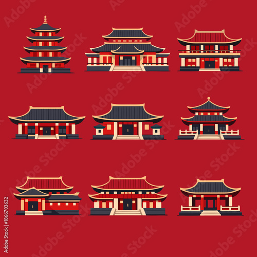 Collection of various traditional Chinese buildings and temples, showcasing ancient Asian architecture on a red background.