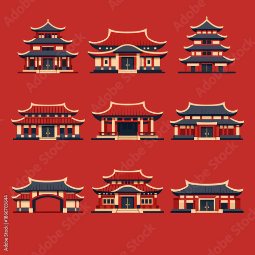 Collection of various traditional Asian buildings and temples in flat design style, showcasing different architectural forms and cultural heritage.