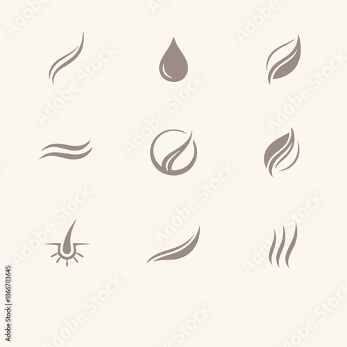 Hair care and beauty product icons with abstract wavy lines, leaves, and water drop symbols.