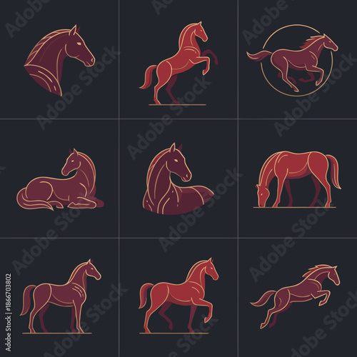 Collection of various horse illustrations in different poses, showcasing their elegance and strength as a symbol of power and freedom.