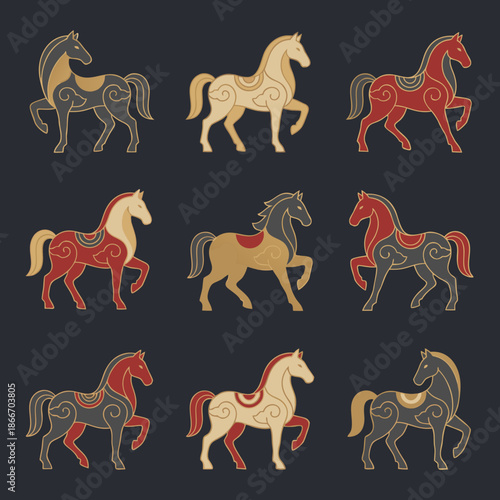Set of nine stylized horses in various poses and colors, featuring traditional decorative patterns.