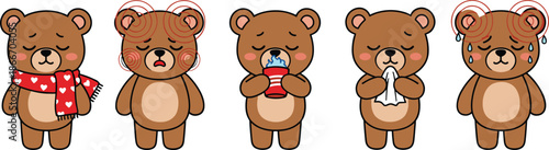 Cute sick bear symptoms illustration set, cold flu fever headache sneezing crying, children health medical cartoon vector
