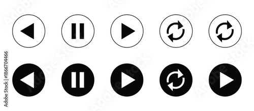 Play, Pause, Replay, Previous, and Next Track Icon Vector, Including Media Playback Controls for Video Streaming Applications, Music and Audio Players
