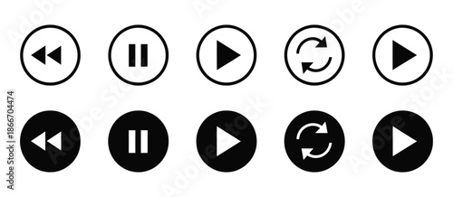 Play, Pause, Replay, Previous, and Next Track Icon Vector, Featuring Media Control Elements for Video Streaming Apps, Music Players, User Interface Design, Digital Interfaces