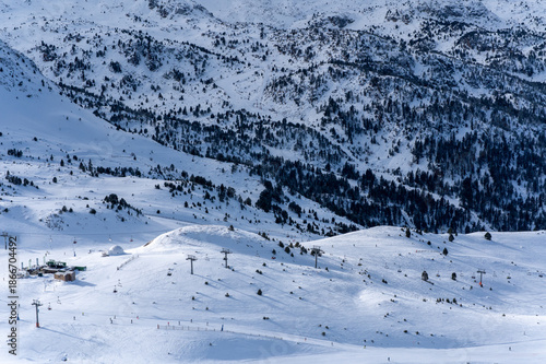 Panoramic view of Grandvalira ski slopes in Andorra during winter 2026.