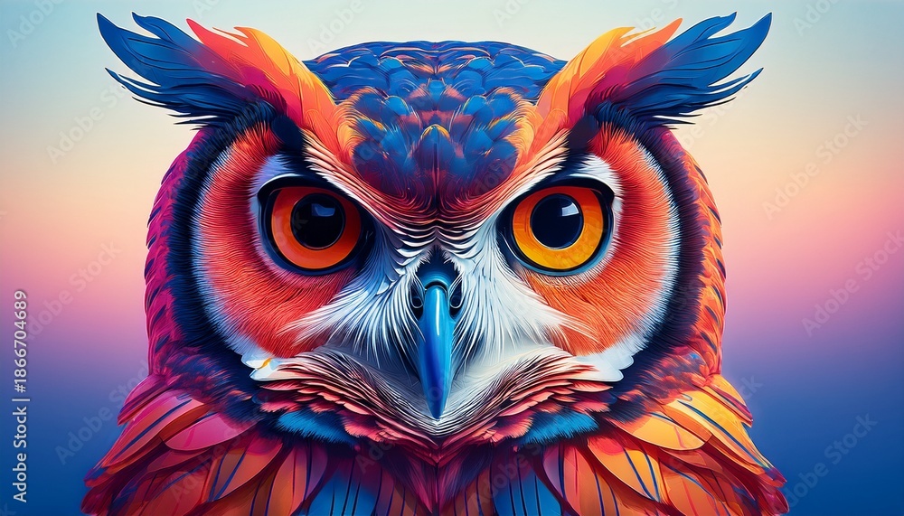 Obraz premium Wise Owl Portrait A Stylized Illustration Of A Vibrant Owl Rendered In Bold Hues Against A Simple Backdrop Exudes A Sense Of Wisdom And Watchfulness