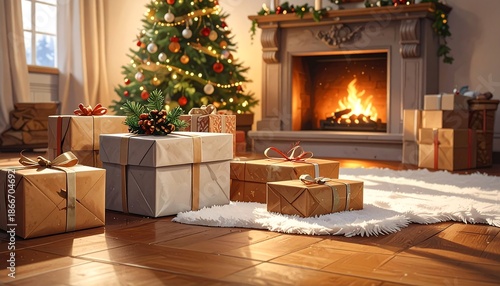 Cozy Christmas Eve - Gifts by the Fireplace and Decorated Tree.