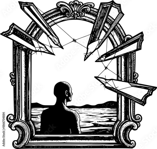 Monochrome etching of a figure in a fractured frame overlooking
