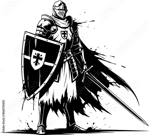 Sumi-e inspired illustration of a fully armored knight in minima
