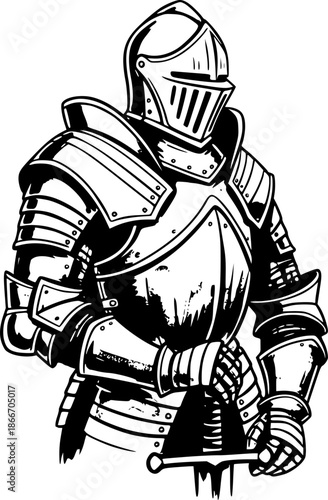 Sumi-e inspired illustration of a fully armored knight in minima
