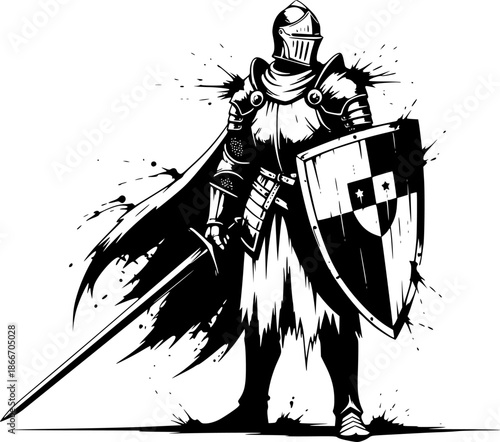 Sumi-e inspired illustration of a fully armored knight in minima
