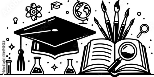 Monochrome graduation cap, brushes, book and education symbols v
