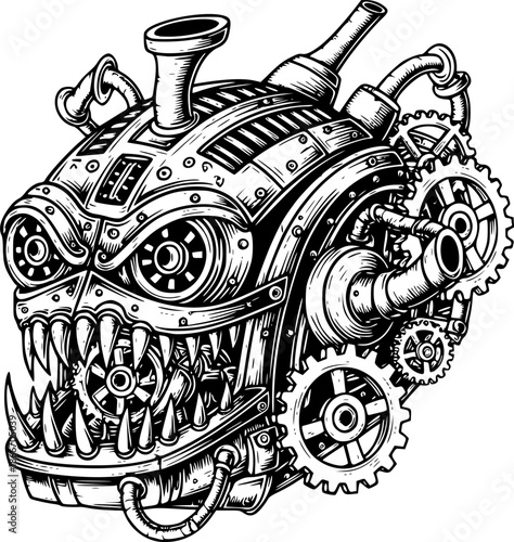 Mechanical Menace: An Engraved Illustration of a Steampunk-Inspi
