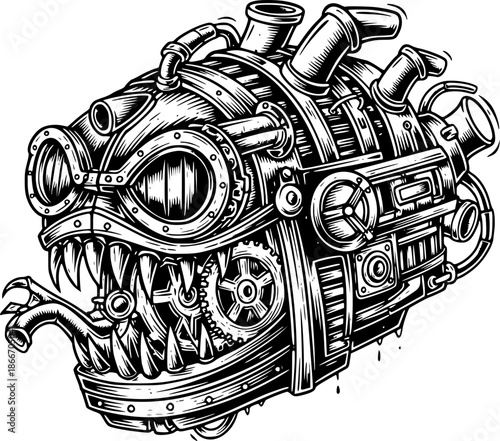 Mechanical Menace: An Engraved Illustration of a Steampunk-Inspi
