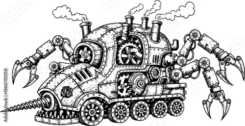 Mechanical Menace: An Engraved Illustration of a Steampunk-Inspi
