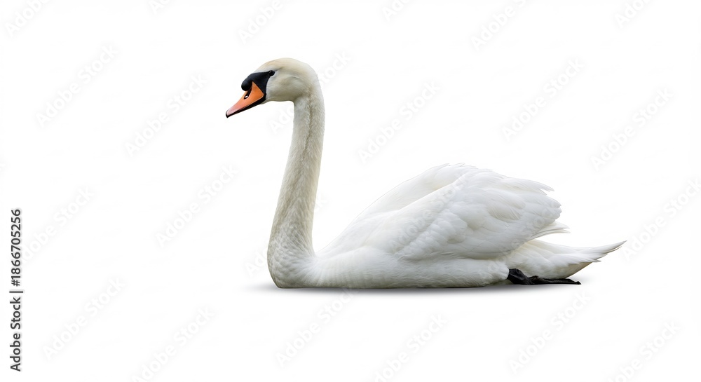 Obraz premium 白い背景に映える優雅な白鳥の横顔明るい光が白い羽の質感と美しい曲線を描く. AI Generated