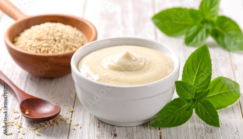 Creamy Rice Pudding with Fresh Basil Leaves and Uncooked Grains.