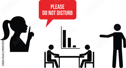 Do not disturb vector, silence gesture icon, focused work scene, teamwork illustration, meeting alert, productivity symbol, black design