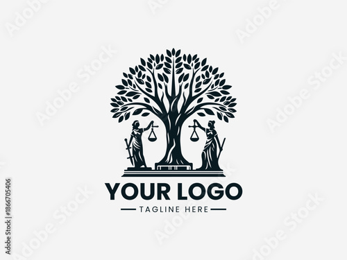 Themis justice tree symbol representing law balance fairness and legal authority in clean black vector logo illustration