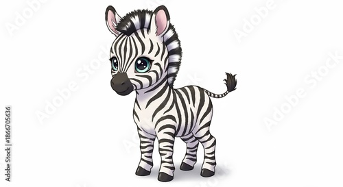 明るい光の中で柔らかく描かれた可愛らしい赤ちゃんシマウマフワフワした毛並みと鮮やかなストライプが際立ち無邪気な表情で大きな青い瞳が優しくまっすぐ見つめる魅力的で清潔感のあるデジタルイラストレーション白い背景. AI Generated