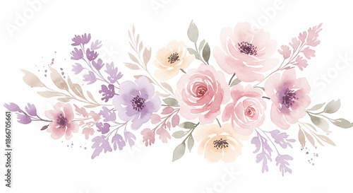 柔らかい光に包まれた淡い水彩の花々が優雅に咲き誇るロマンチックな手描きイラスト. AI Generated