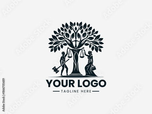 Themis justice tree symbol representing law balance fairness and legal authority in clean black vector logo illustration