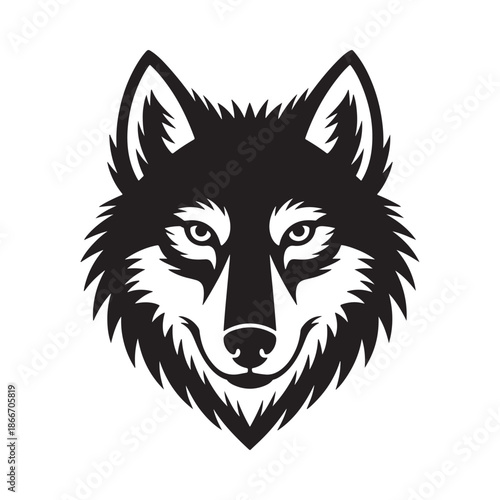 A striking black and white illustration of a wolf s head portrays its intense gaze and powerful features a symbol of