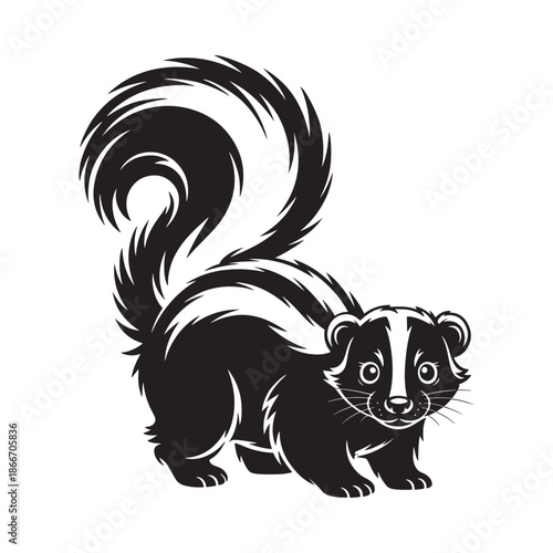 A detailed black and white illustration depicts a curious skunk with a prominent striped tail looking forward