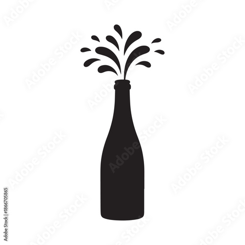 A striking black silhouette depicts a bottle of champagne with liquid exuberantly splashing upwards symbolizing celebration