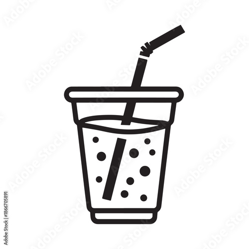 A simple black and white line illustration of a disposable plastic cup filled with a bubbly beverage and a straw