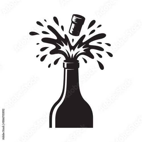 A celebratory black and white illustration depicts a champagne bottle erupting with a burst of liquid and a flying cork