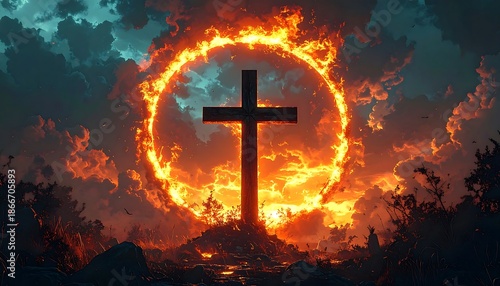 Cross Silhouette Against Fiery Ring and Dramatic Sky.