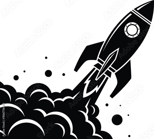 Rocket launch silhouette illustration, startup growth vector concept, space exploration innovation idea, business success metaphor, futuristic technology icon, black and white design
