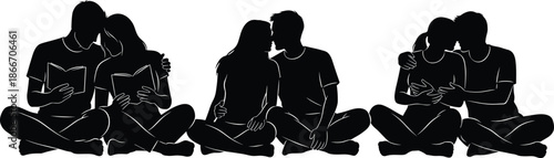 Romantic couple silhouettes sitting together, reading books and sharing intimate moments, love bonding, peaceful relationship scenes, affection and togetherness concept vector illustration