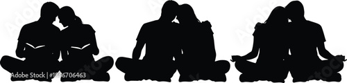 Romantic couple silhouettes sitting together in intimate moments, love connection, emotional bonding, peaceful relationship scenes, affection and togetherness vector illustration