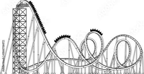 Roller coaster with loops and steep drops, amusement park thrill ride structure, black and white vector illustration, engineering attraction concept