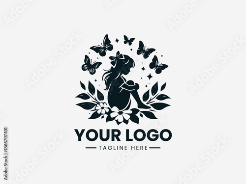 girl sitting with butterflies around black vector logo