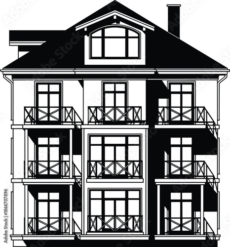 Residential apartment building silhouette vector illustration, multi story housing facade with balconies, urban real estate architecture icon, black and white design, isolated