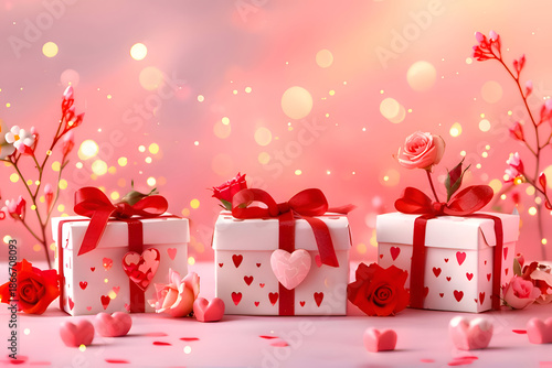 gift boxes heart-patterned paper and red ribbons Valentine Day