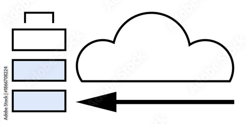 Cloud computing concept. Cloud computing illustrated with server stack, data transfer arrow, and central cloud structure. Cloud computing supports IT, data storage, and remote access. Usage