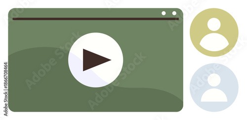 Online streaming, multimedia, tutorial platforms, video communication, content creation, digital interaction. Green video interface with play button, two user icons. Online streaming and multimedia