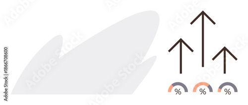 Business analysis, data tracking, success measurement, financial growth, performance metrics, and progress reporting. Three arrows pointing upward with percentage gauges below. Business analysis