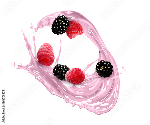 Milk shake splash and berries in air on white background © New Africa
