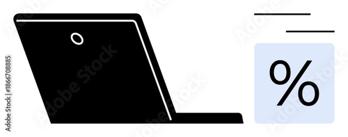 Open laptop facing away beside a percentage icon, symbolizing data analysis, digital productivity, or statistics. Ideal for business, technology, education, finance, marketing research planning